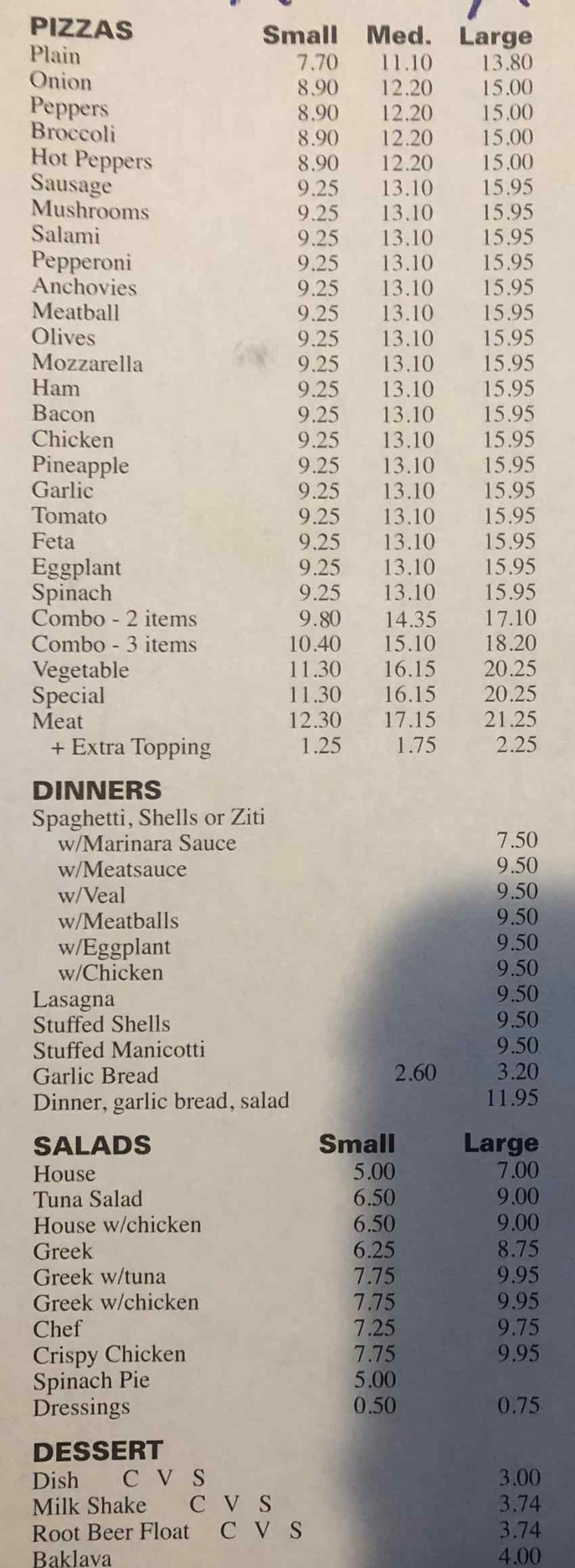 Pizza House menu page 1